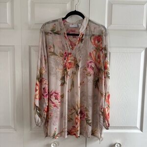 Susan Graver Blouse Top Floral Chiffon Pintuck L Lace Boho Twee Nude Coquette